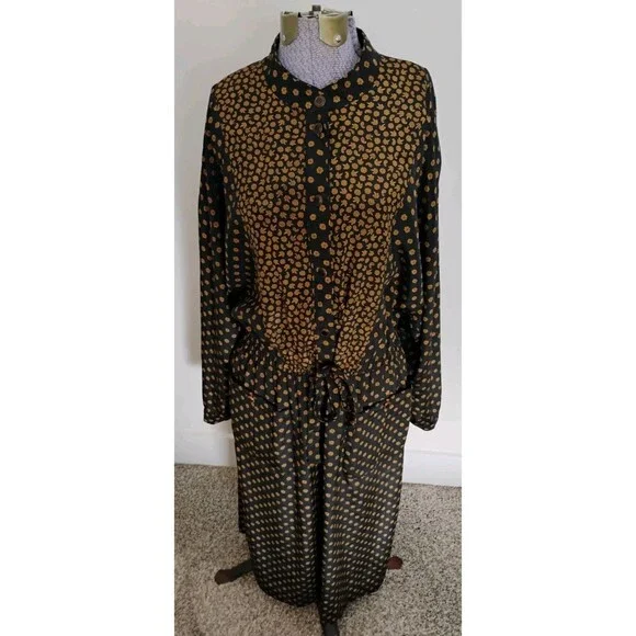 Vtg 80s Leslie Fay Midi Dress Women's Black Brown Paisley Tie Front Secretary 14 - Picture 1 of 15